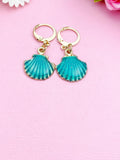 Gold Seashell Dangle Earrings: Teal Enamel Ocean Jewelry