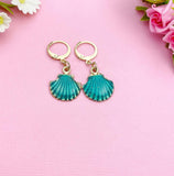 Gold Seashell Dangle Earrings: Teal Enamel Ocean Jewelry