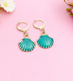 Gold Seashell Dangle Earrings: Teal Enamel Ocean Jewelry