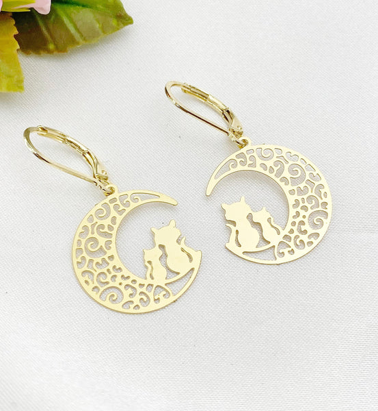 Gold Cat on the Moon Charm Earrings, N5975