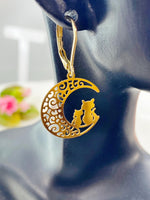 Gold Cat on the Moon Charm Earrings, N5975