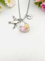 Silver Gold Swallow Bird Nest Charm Necklace, Natural Selenite Gemstone Jewelry, N6012A