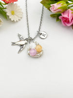 Silver Gold Swallow Bird Nest Charm Necklace, Natural Selenite Gemstone Jewelry, N6012A