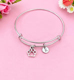 Silver Paw Print Bangle Bracelet, Personalized Initial Charm