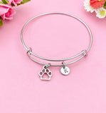 Silver Paw Print Bangle Bracelet, Personalized Initial Charm
