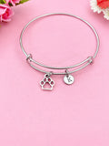 Silver Paw Print Bangle Bracelet, Personalized Initial Charm