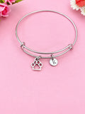 Silver Paw Print Bangle Bracelet, Personalized Initial Charm