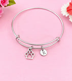 Silver Paw Print Bangle Bracelet, Personalized Initial Charm