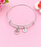 Silver Paw Print Bangle Bracelet, Personalized Initial Charm