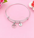 Silver Paw Print Bangle Bracelet, Personalized Initial Charm