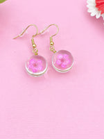 Pink Press Flower, Gold Real Dried Flower Earrings, N3271