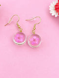 Pink Press Flower, Gold Real Dried Flower Earrings, N3271