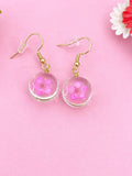 Pink Press Flower, Gold Real Dried Flower Earrings, N3271