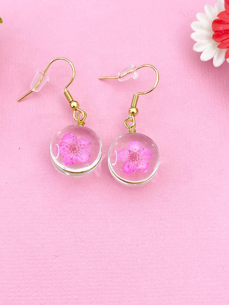 Pink Press Flower, Gold Real Dried Flower Earrings, N3271