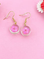 Pink Press Flower, Gold Real Dried Flower Earrings, N3271