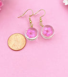 Pink Press Flower, Gold Real Dried Flower Earrings, N3271