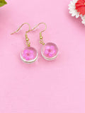 Pink Press Flower, Gold Real Dried Flower Earrings, N3271