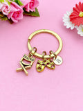 Gold Comedy Tragedy Director Keychain, Drama Mask Charm, Personalized Initial