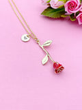 Gold Red Rose Flower Charm Necklace, N5110