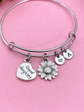 Sunflower Charm Bangle, Granddaughter Gift, Initial Charm