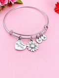 Sunflower Charm Bangle, Granddaughter Gift, Initial Charm