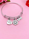Sunflower Charm Bangle, Granddaughter Gift, Initial Charm
