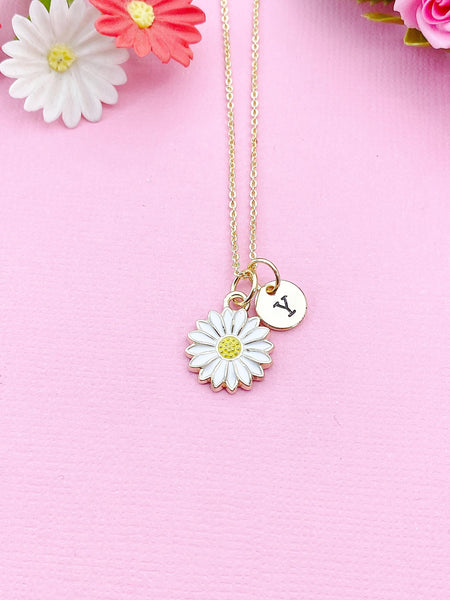 Gold or Silver Daisy Flower Charm Necklace, White, N6014