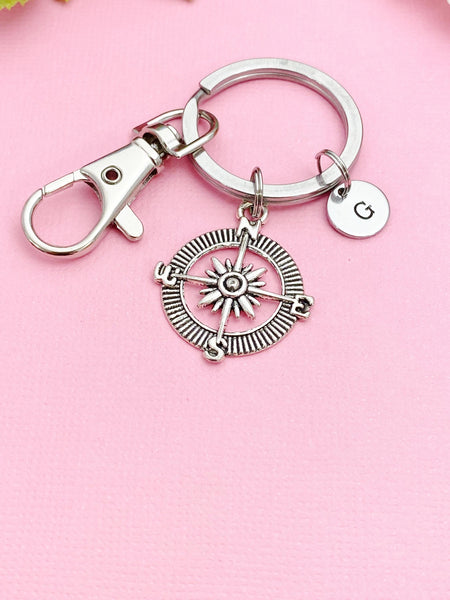 Silver or Bronze Compass Keychain Personalized Customized Monogram Made to Order Jewelry, N1123D