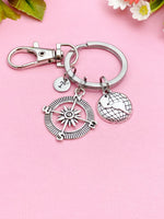 Silver Compass Globe World Charm Keychain, N1123A