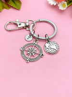 Silver Compass Globe World Charm Keychain, N1123A