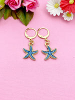 Gold Blue Starfish Charm Earrings, Nautical Earrings, N3189B