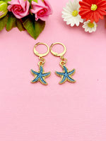 Gold Blue Starfish Charm Earrings, Nautical Earrings, N3189B