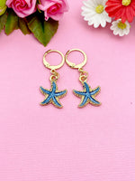 Gold Blue Starfish Charm Earrings, Nautical Earrings, N3189B
