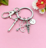 Silver Otoscope Stethoscope Caduceus Charm Keychain, Audiology Medical Device Charm, Doctor Gift, Personalized Graduation Gift, N773B