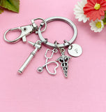 Silver Otoscope Stethoscope Caduceus Charm Keychain, Audiology Medical Device Charm, Doctor Gift, Personalized Graduation Gift, N773B
