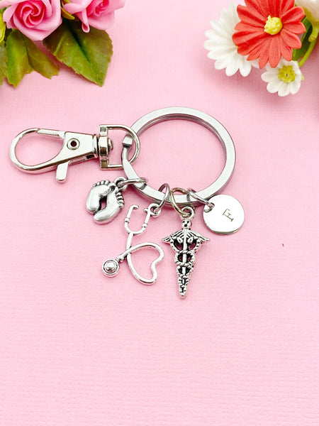 Silver Baby Footprint Stethoscope Caduceus Charm Keychain, Obstetricians, Midwives, Neonatologists Doctor Gift, Graduation Gift, N5982