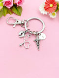 Silver Baby Footprint Stethoscope Caduceus Charm Keychain, Obstetricians, Midwives, Neonatologists Doctor Gift, Graduation Gift, N5982