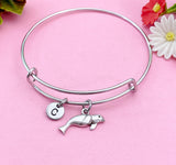 Seal Charm Bangle Bracelet, Initial Charm, Manatee Sea Cow, Biologist Gift