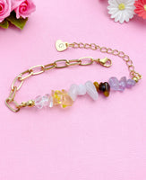 Gold Nature Amethyst Quartz Crystal Yellow Quartz Tiger Eye Bar Charm Paperclip Bracelet, N6051