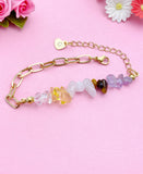 Gold Nature Amethyst Quartz Crystal Yellow Quartz Tiger Eye Bar Charm Paperclip Bracelet, N6051