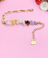 Gold Nature Amethyst Quartz Crystal Yellow Quartz Tiger Eye Bar Charm Paperclip Bracelet, N6051