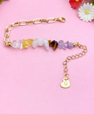 Gold Nature Amethyst Quartz Crystal Yellow Quartz Tiger Eye Bar Charm Paperclip Bracelet, N6051