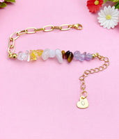 Gold Nature Amethyst Quartz Crystal Yellow Quartz Tiger Eye Bar Charm Paperclip Bracelet, N6051