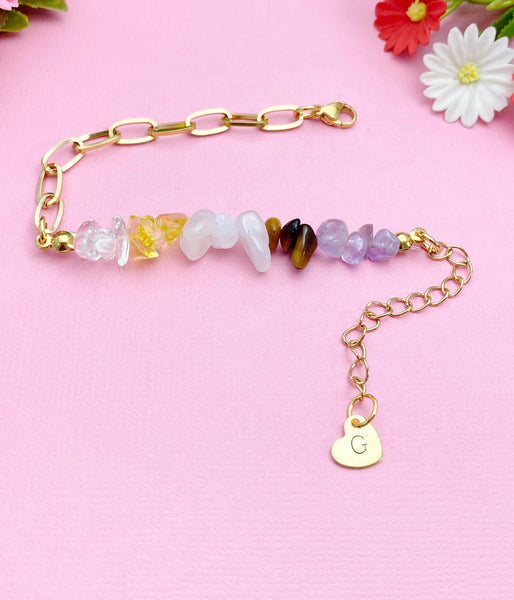 Gold Nature Amethyst Quartz Crystal Yellow Quartz Tiger Eye Bar Charm Paperclip Bracelet, N6051