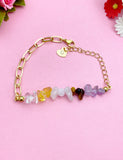 Gold Nature Amethyst Quartz Crystal Yellow Quartz Tiger Eye Bar Charm Paperclip Bracelet, N6051