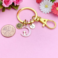Sunflower Charm Keychain, Gold Pink Cat Sit on The Moon Charm Keychain, Personalized Gift, N1555