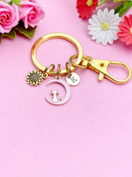 Sunflower Charm Keychain, Gold Pink Cat Sit on The Moon Charm Keychain, Personalized Gift, N1555