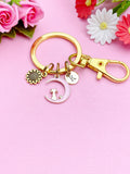 Sunflower Cat on Moon Keychain, Initial Charm, Personalized Gift