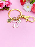 Sunflower Cat on Moon Keychain, Initial Charm, Personalized Gift