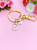 Gold Pink Cat Sit on The Moon Charm Keychain, Personalized Gift, N1555A